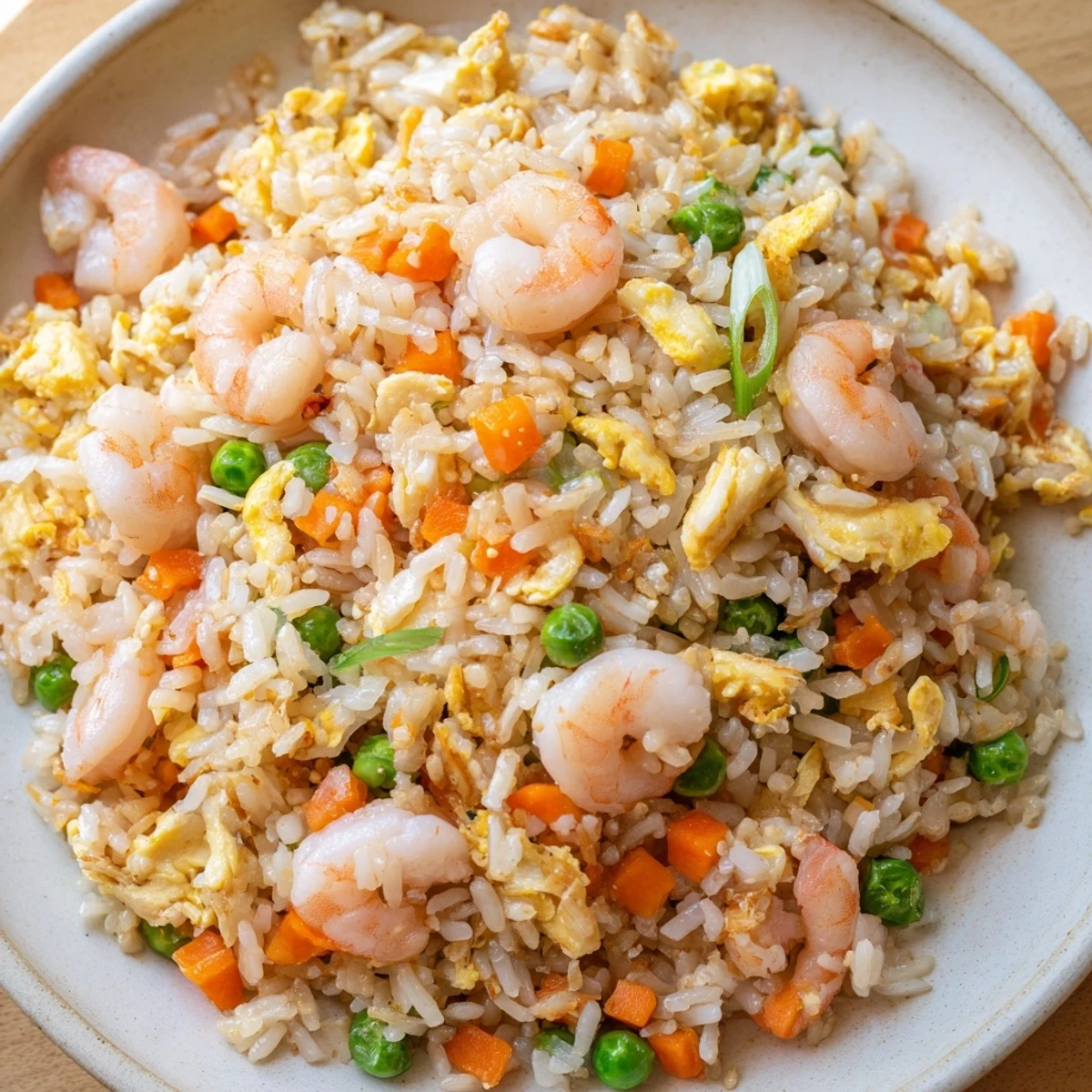 Golden authentic shrimp fried rice with plump pink shrimp and colorful vegetables in a wok
