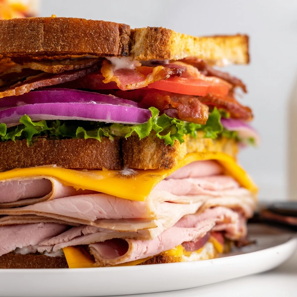 Golden toasted turkey beef bacon ranch sandwich stacked high with melted cheese and fresh crisp vegetables