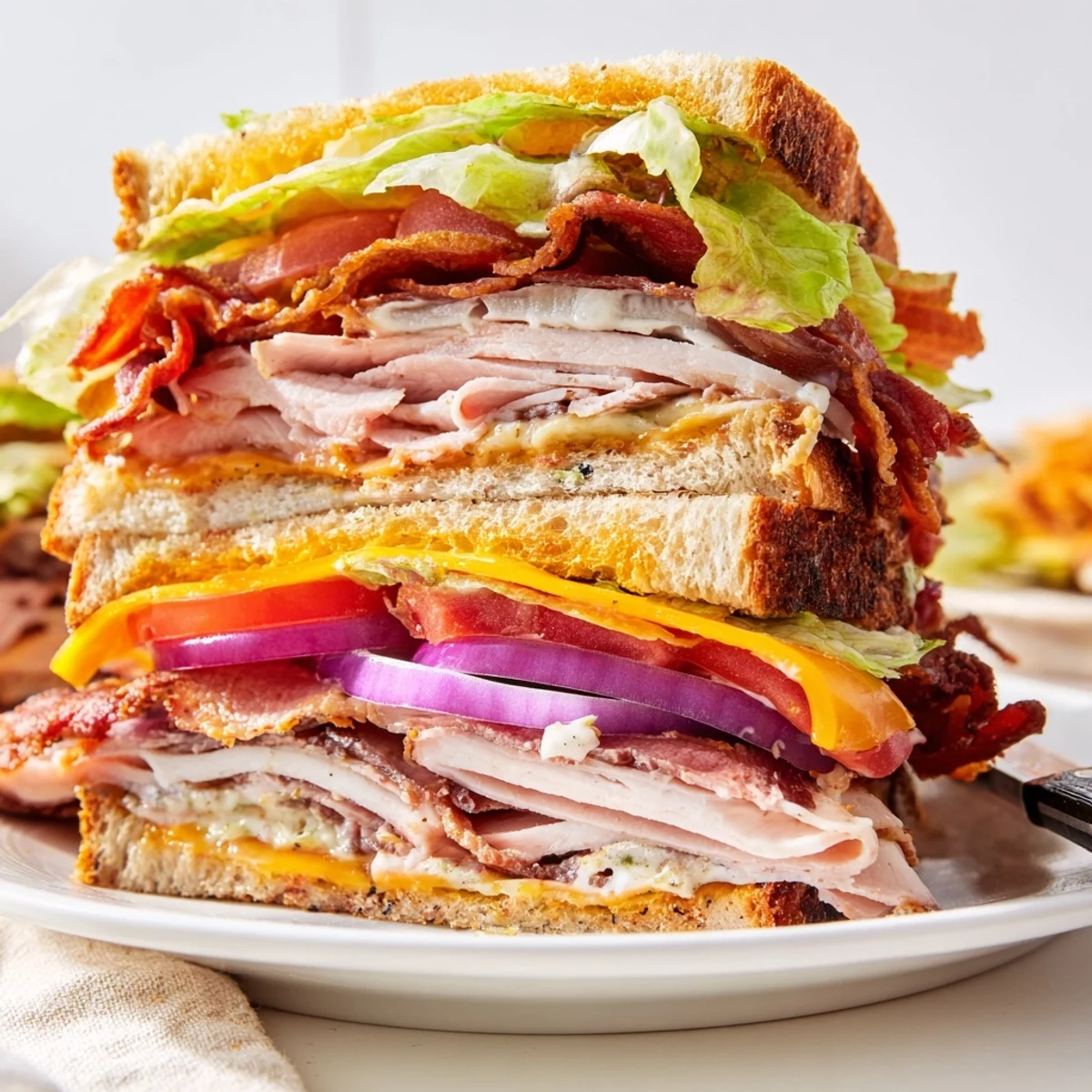 Triple meat sandwich featuring turkey roast beef and crispy bacon dripping with creamy ranch on toasted sourdough