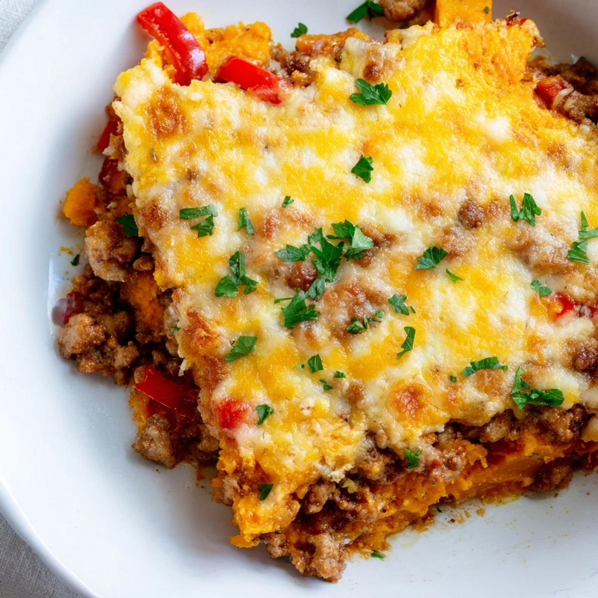 Golden cheesy savory ground turkey sweet potato bake with tender vegetables bubbling in casserole dish