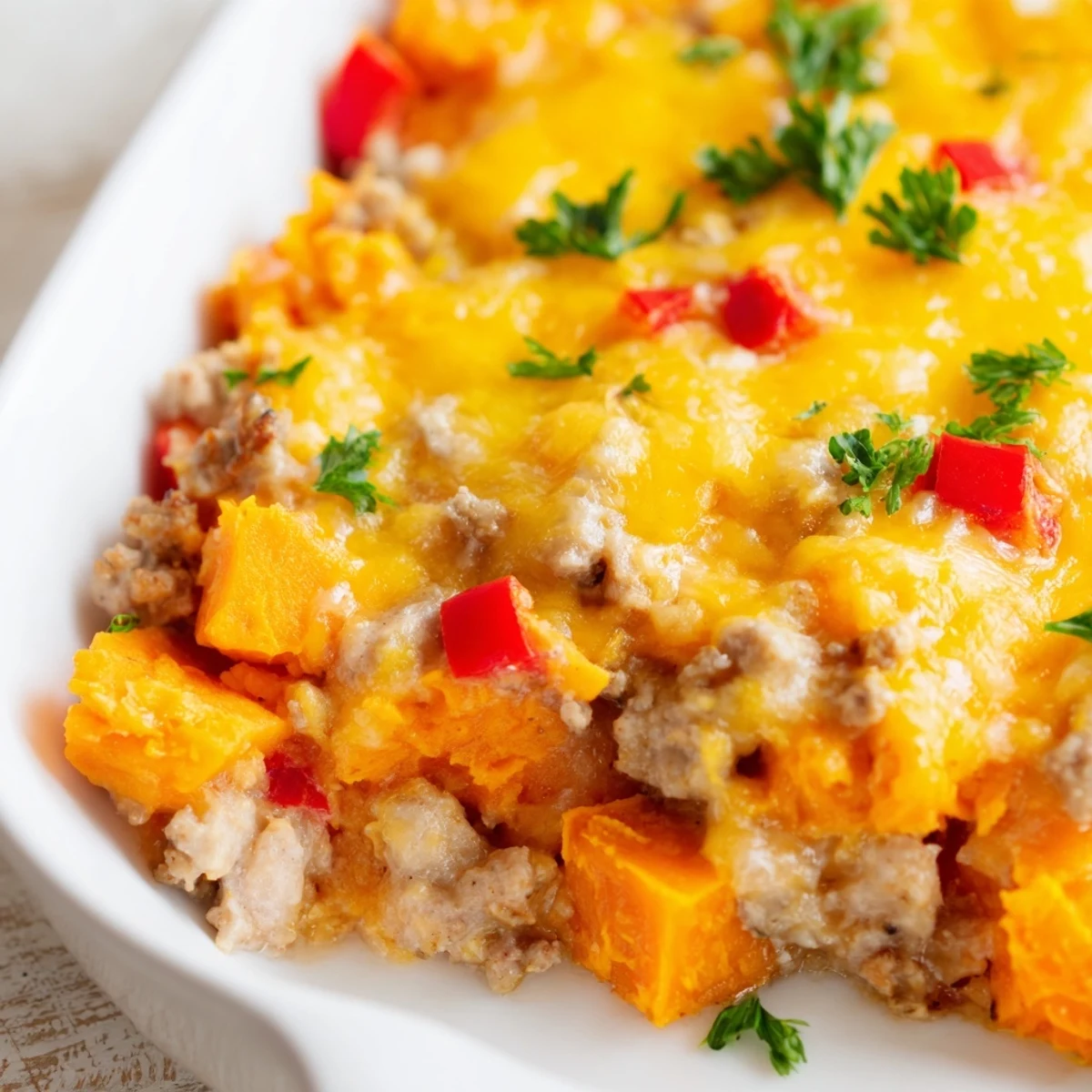 Hearty ground turkey sweet potato bake featuring melted cheddar and colorful roasted vegetables for dinner