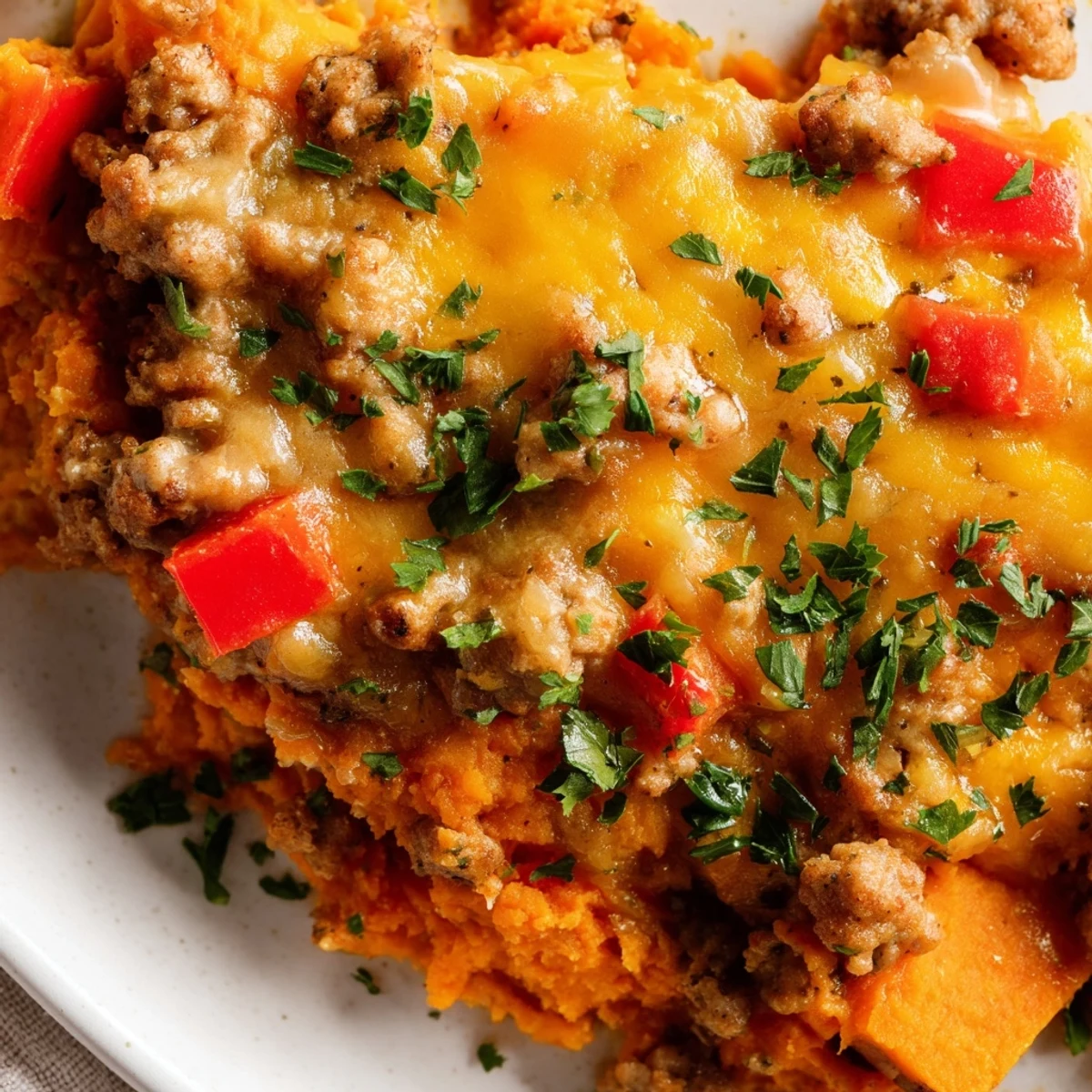 Savory ground turkey sweet potato bake with golden cheese topping and fresh parsley garnish ready to serve