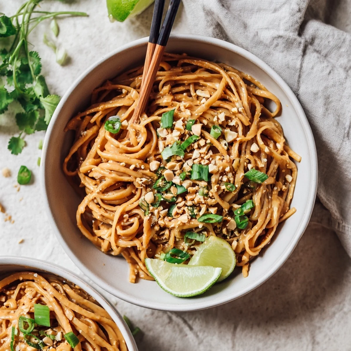 Glossy sticky peanut butter noodles coated in rich creamy sauce topped with chopped roasted peanuts and fresh green onions