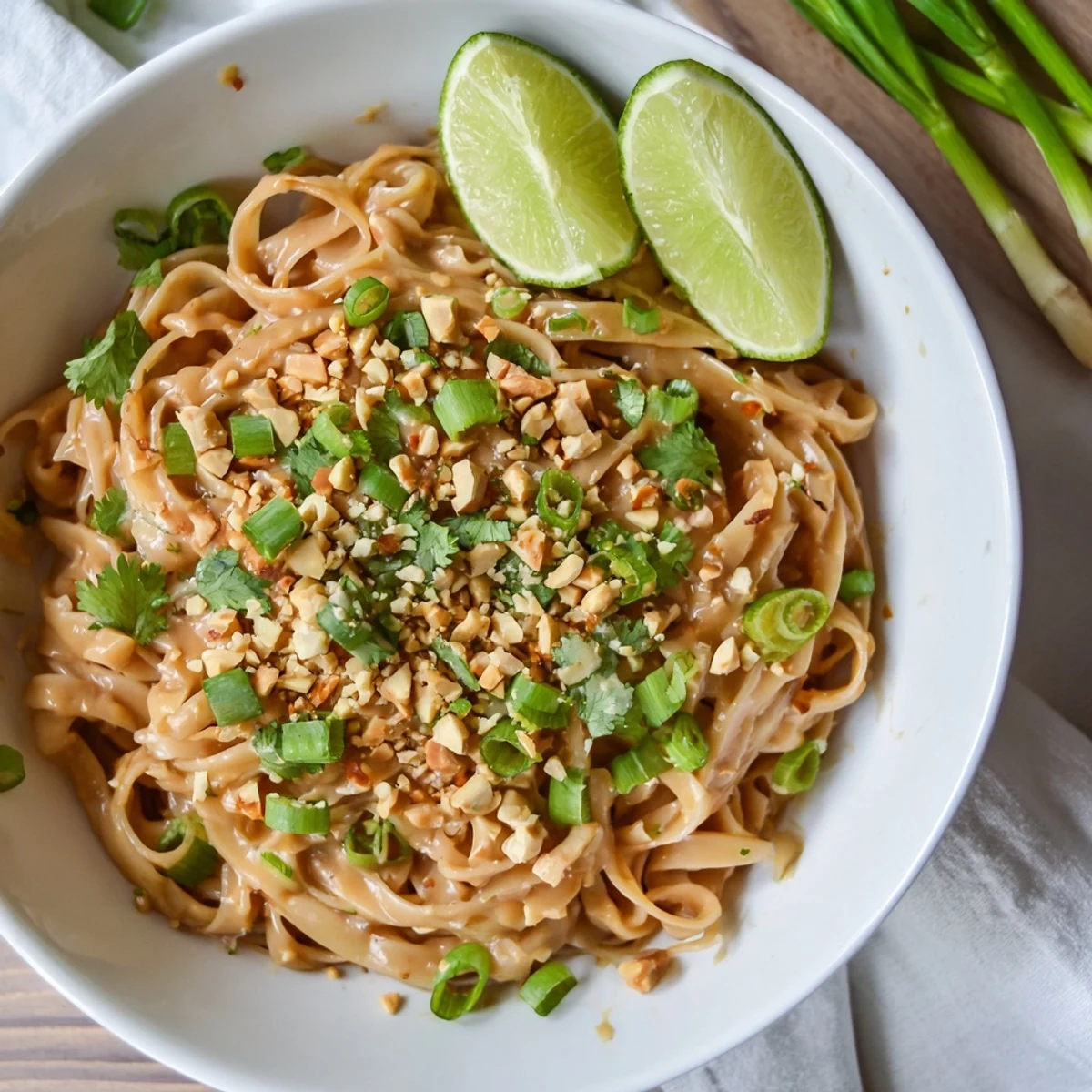 Steaming bowl of sticky peanut butter noodles garnished with sesame seeds cilantro and lime wedges for a tangy finish