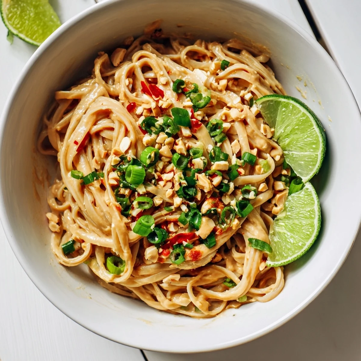 Close up of sticky peanut butter noodles tangled together with thick peanut sauce and sprinkled with crunchy roasted peanuts