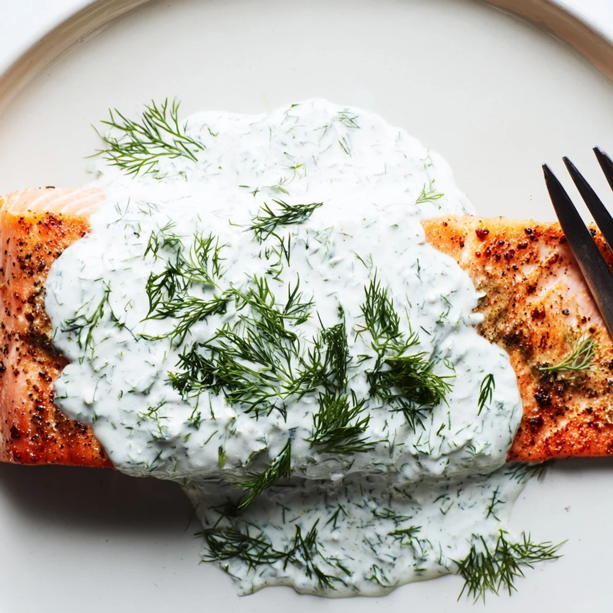 Golden pan-seared Mediterranean salmon topped with creamy lemon dill yogurt sauce and fresh dill sprigs