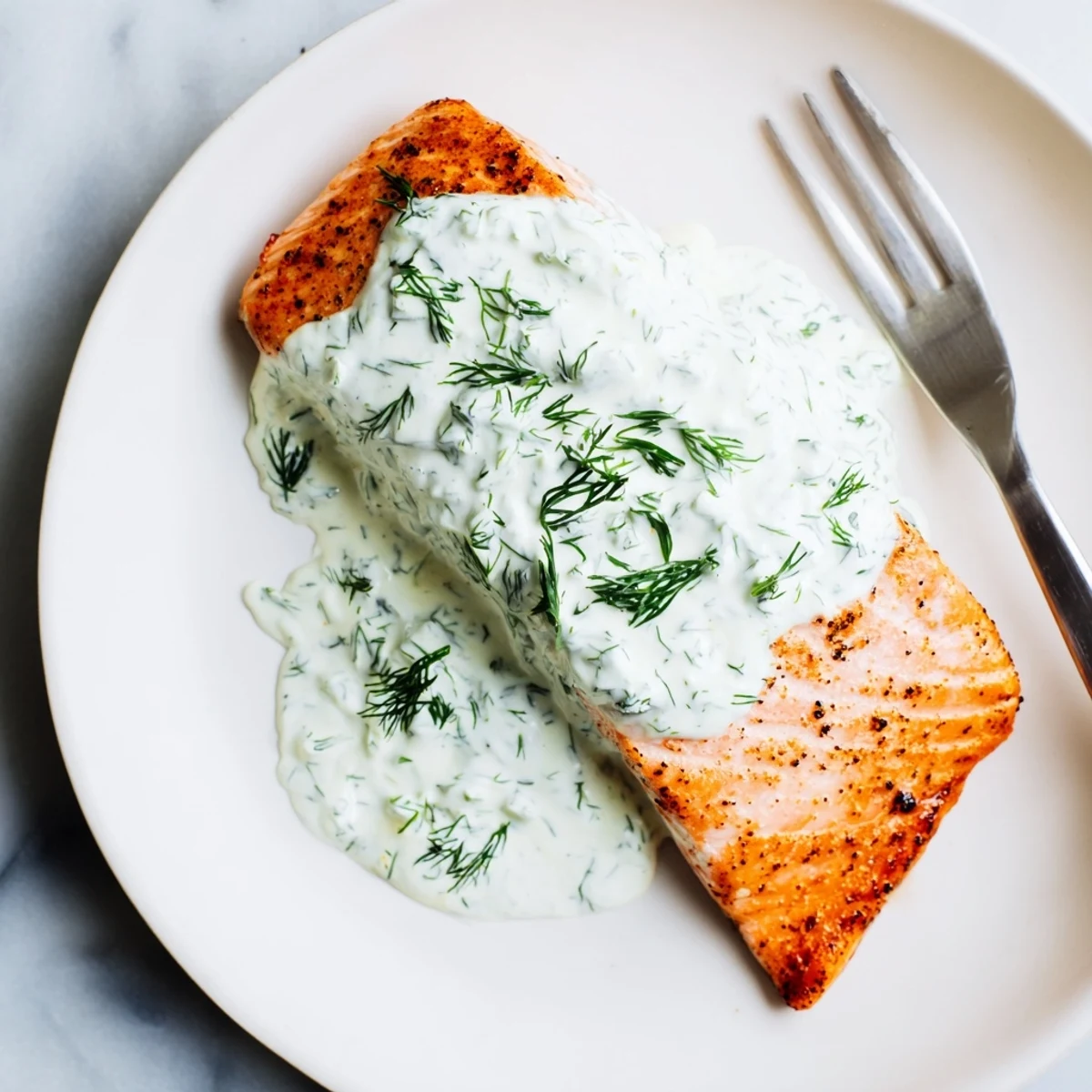Oven-roasted salmon fillets drizzled with zesty Greek yogurt sauce featuring bright lemon and fragrant dill