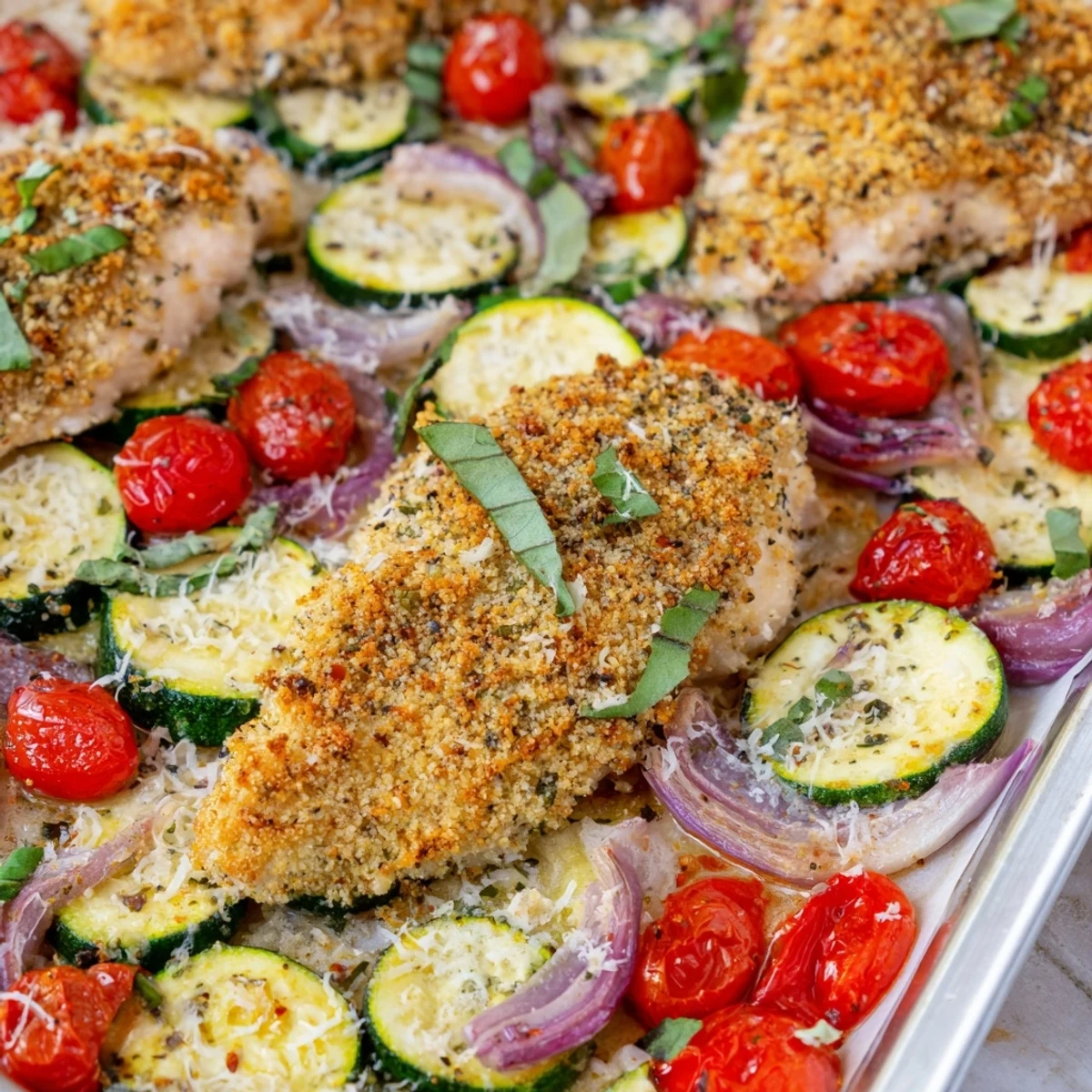 Golden roasted Sheet Pan Italian Chicken with zucchini and cherry tomatoes finished with Parmesan cheese
