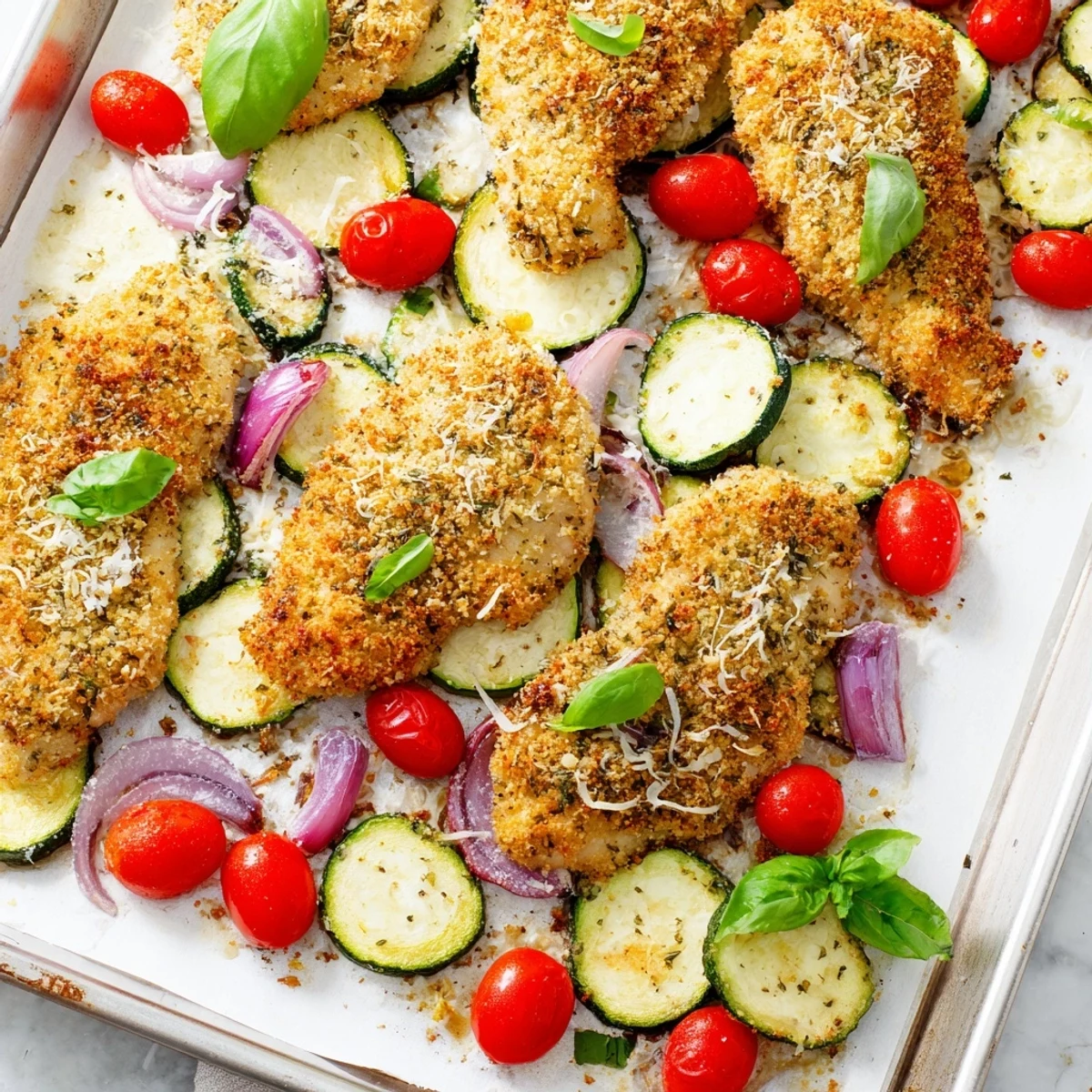 One-pan Sheet Pan Italian Chicken featuring tender vegetables and juicy chicken breasts with Italian herbs