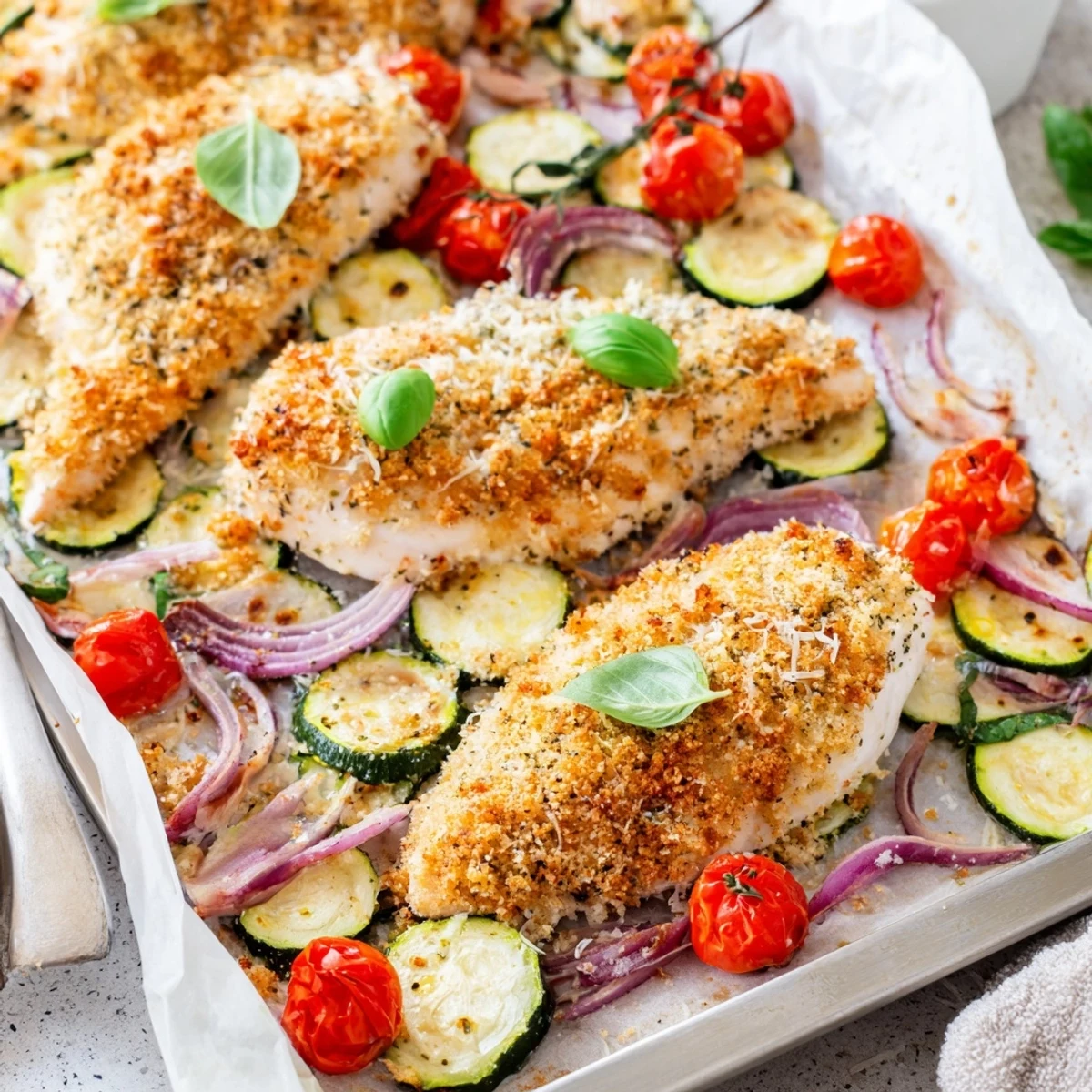 Vibrant Sheet Pan Italian Chicken with Zucchini and Tomatoes garnished with fresh basil and melted Parmesan