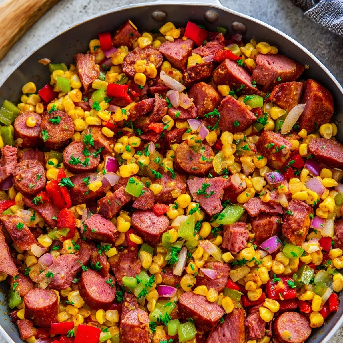 Golden Cajun corned beef and sausage skillet sizzling with colorful peppers and sweet corn kernels