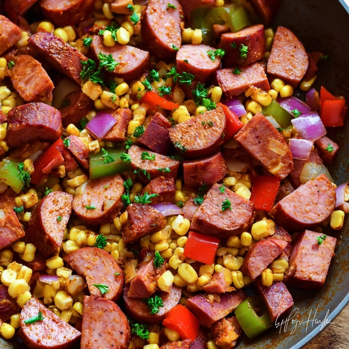 Spicy one-pan Cajun corned beef and sausage dinner featuring smoky meats and vibrant diced vegetables