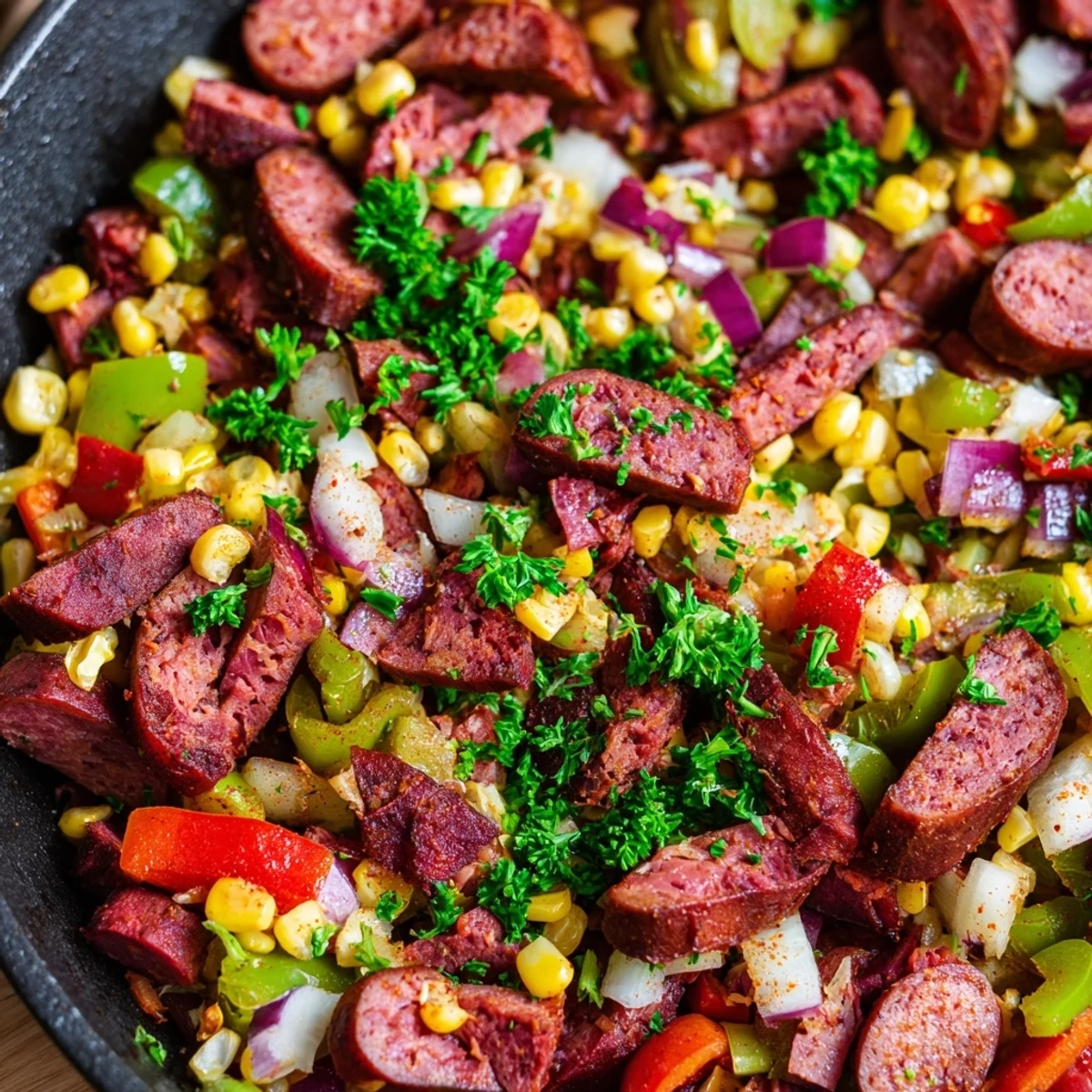 Hearty Cajun corned beef and sausage skillet meal garnished with fresh parsley and zesty spices