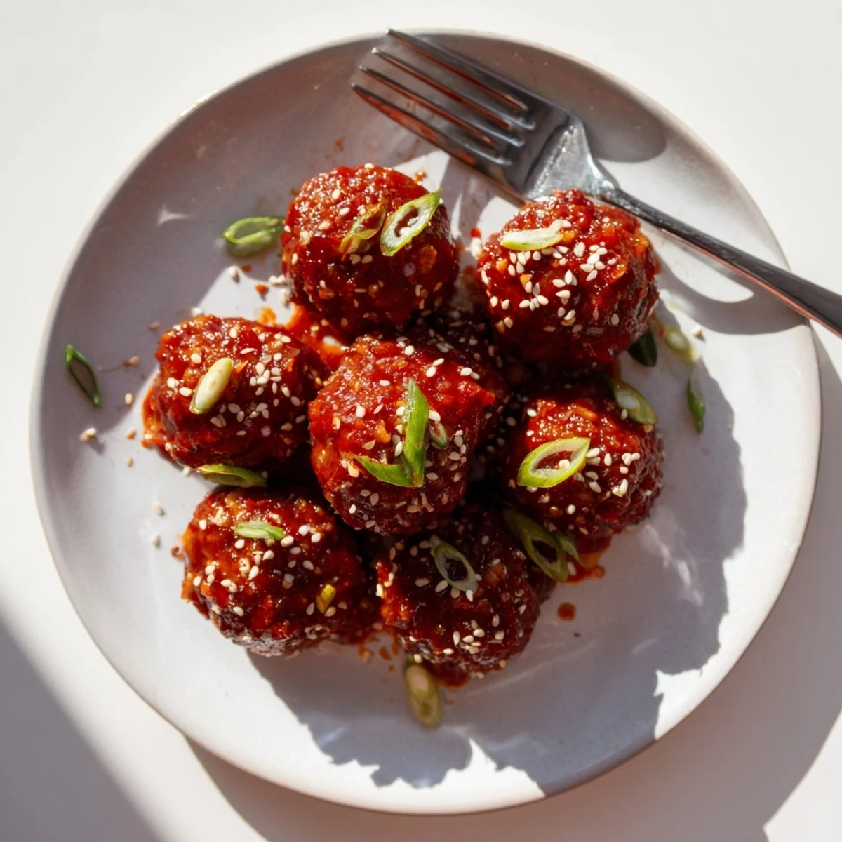 Golden firecracker chicken meatballs glazed with spicy sweet red sauce and sesame seeds