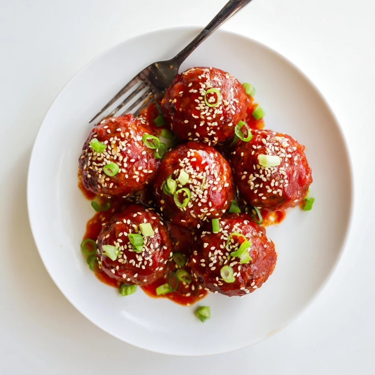 Tender baked chicken meatballs coated in tangy firecracker sauce topped with green onions