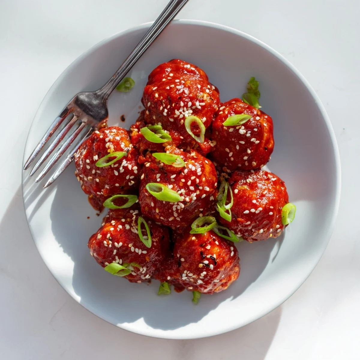 Juicy firecracker chicken meatballs drizzled with sweet spicy sauce over steamed white rice