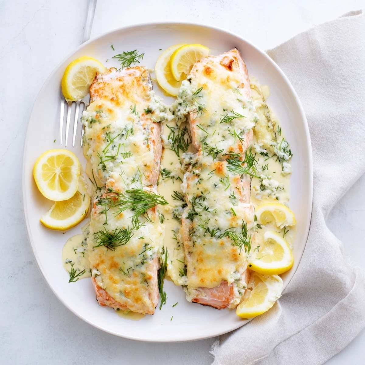Golden baked Boursin salmon fillets with bubbling herb cheese topping and fresh lemon slices