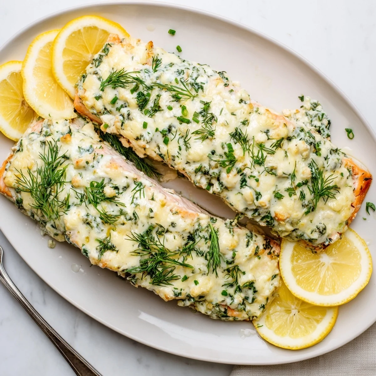 Creamy Boursin cheese smothered salmon baking until golden with chive and dill garnish