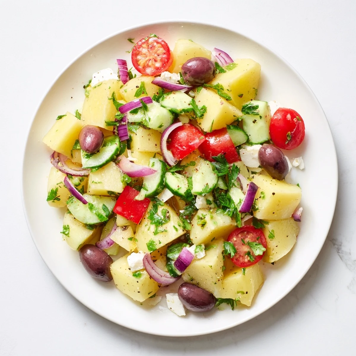 Colorful Greek potato salad with tender cubes, crisp vegetables, olives, and crumbled feta