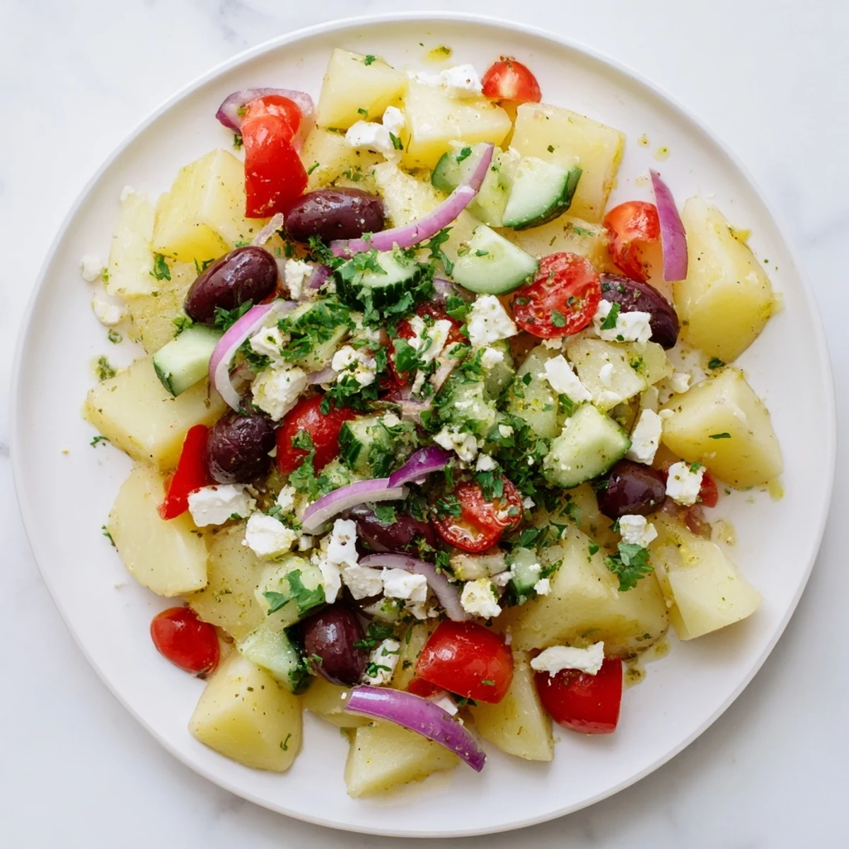 Fresh Greek potato salad dressed in zesty lemon-oregano with cherry tomatoes and Kalamata olives