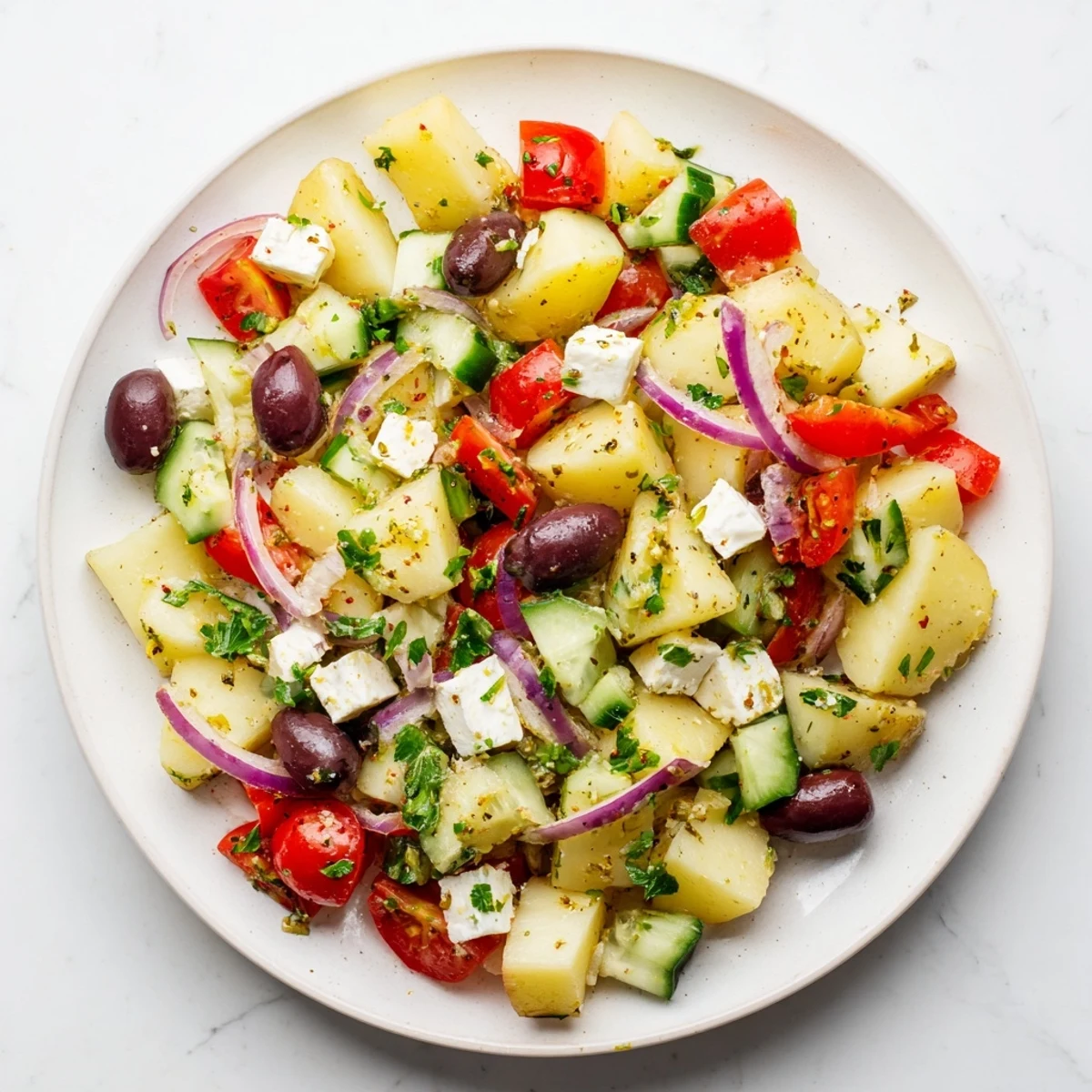 Vibrant bowl of Greek potato salad featuring red peppers, cucumber, and tangy feta cheese