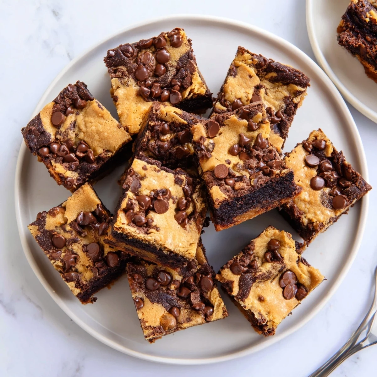Fudgy chewy browkies stacked on a white plate with melted chocolate chips visible