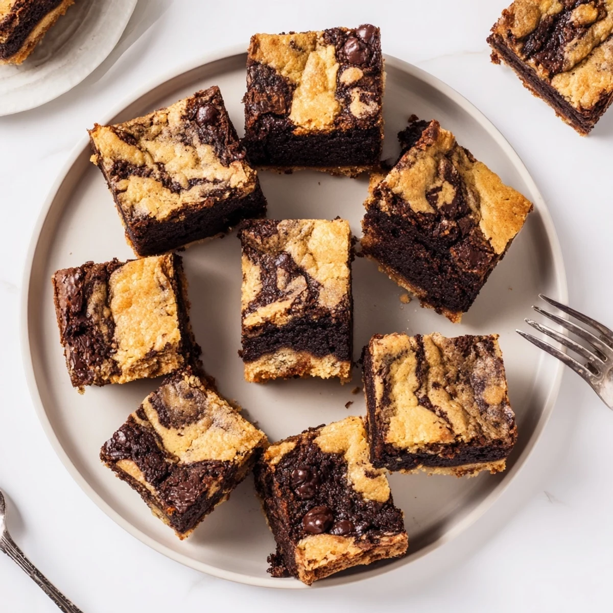Freshly baked fudgy chewy browkies cut into squares exposing the dual chocolate texture
