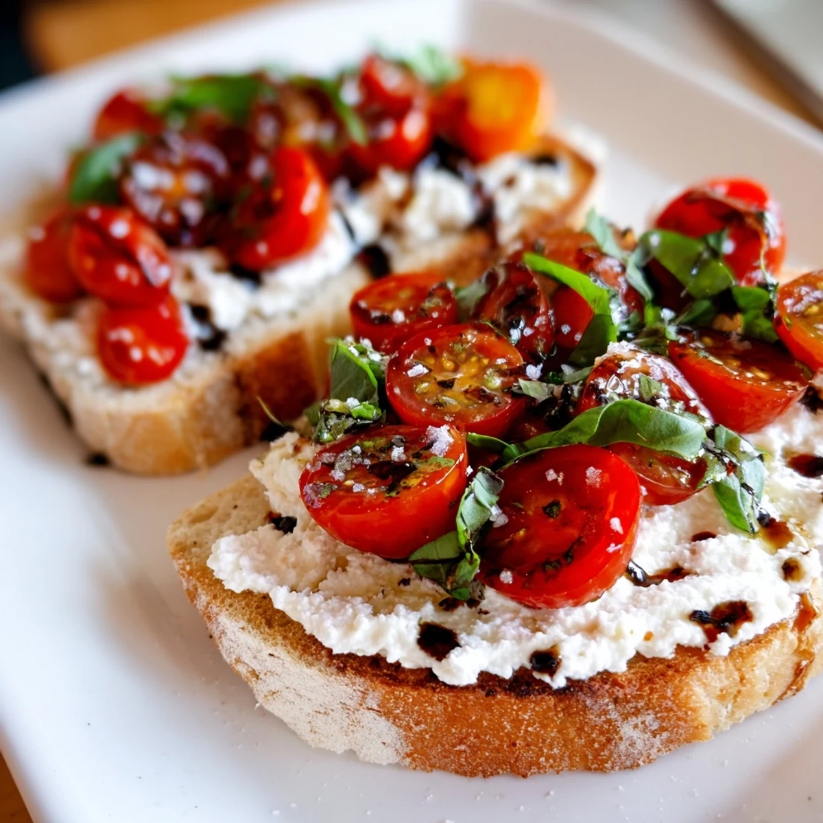Golden ricotta tomato sourdough toast topped with fresh basil and juicy cherry tomatoes