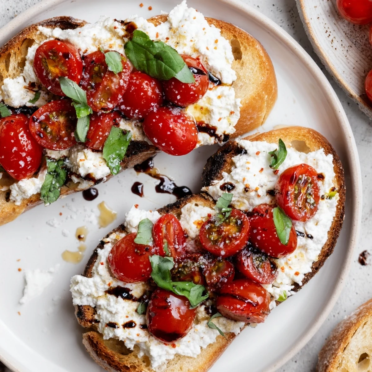 Creamy ricotta spread on crisp sourdough with vibrant tomatoes and aromatic basil garnish