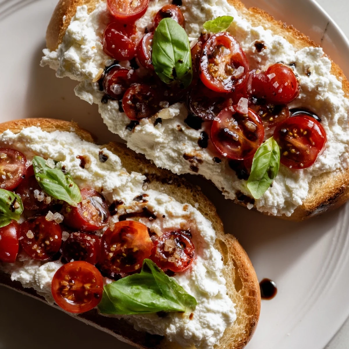  Mediterranean-style toast featuring seasoned ricotta cheese, halved cherry tomatoes, and torn fresh basil leaves