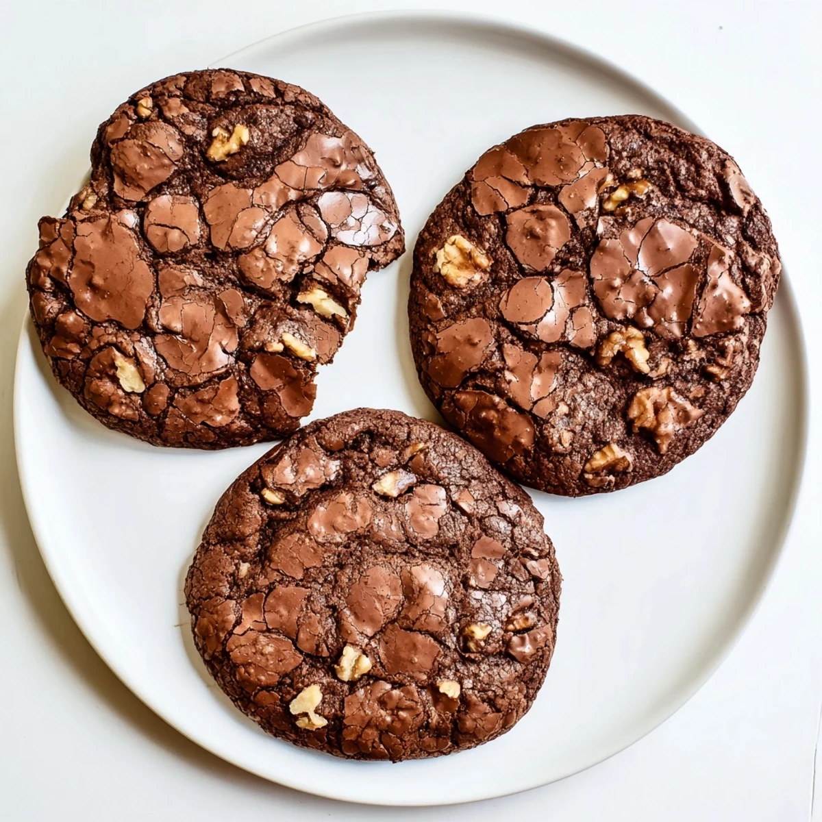 Freshly baked sourdough brownie cookies with crackly tops and melted chocolate chunks on a cooling rack