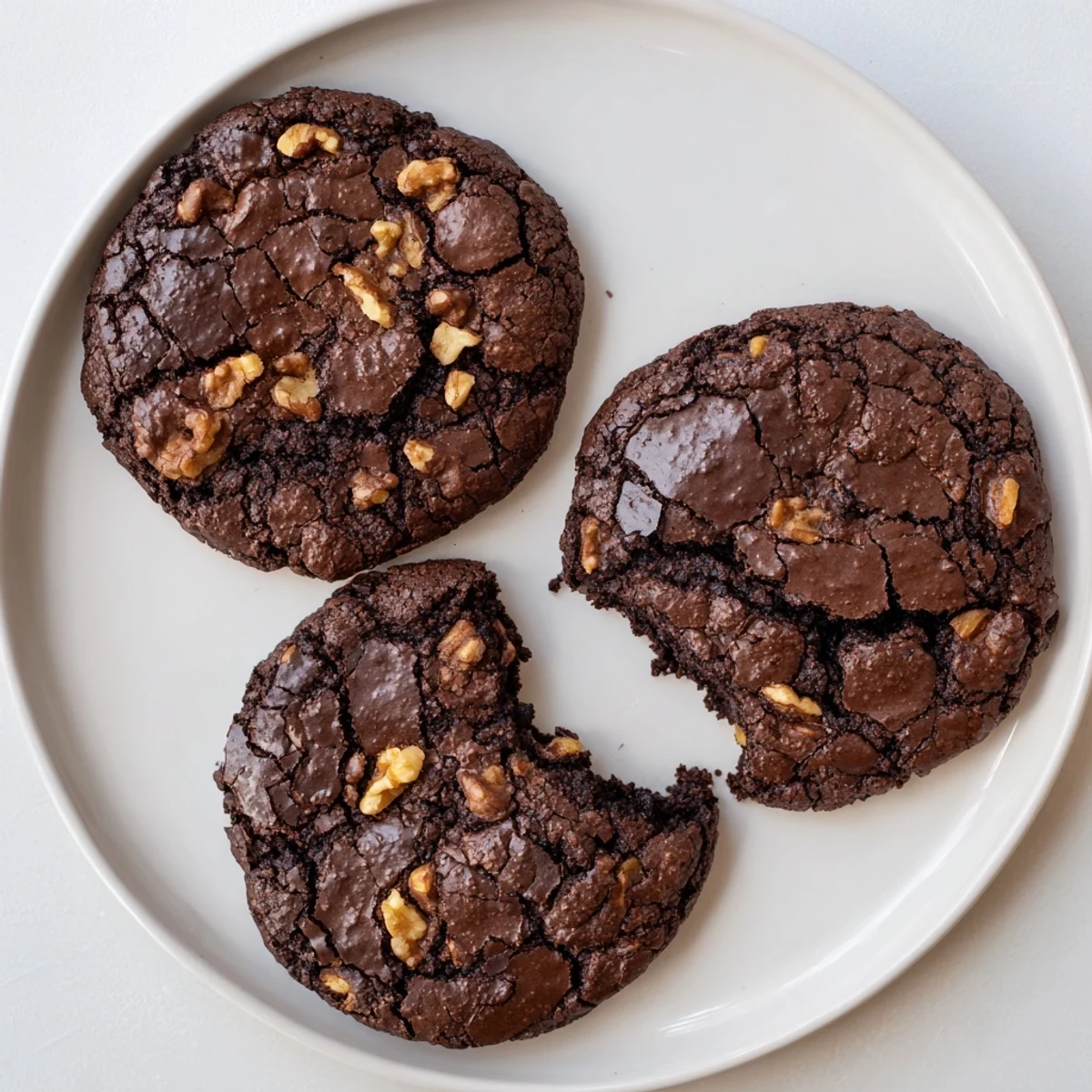 Warm chocolate sourdough brownie cookies with shiny crackly texture and gooey centers fresh from the oven
