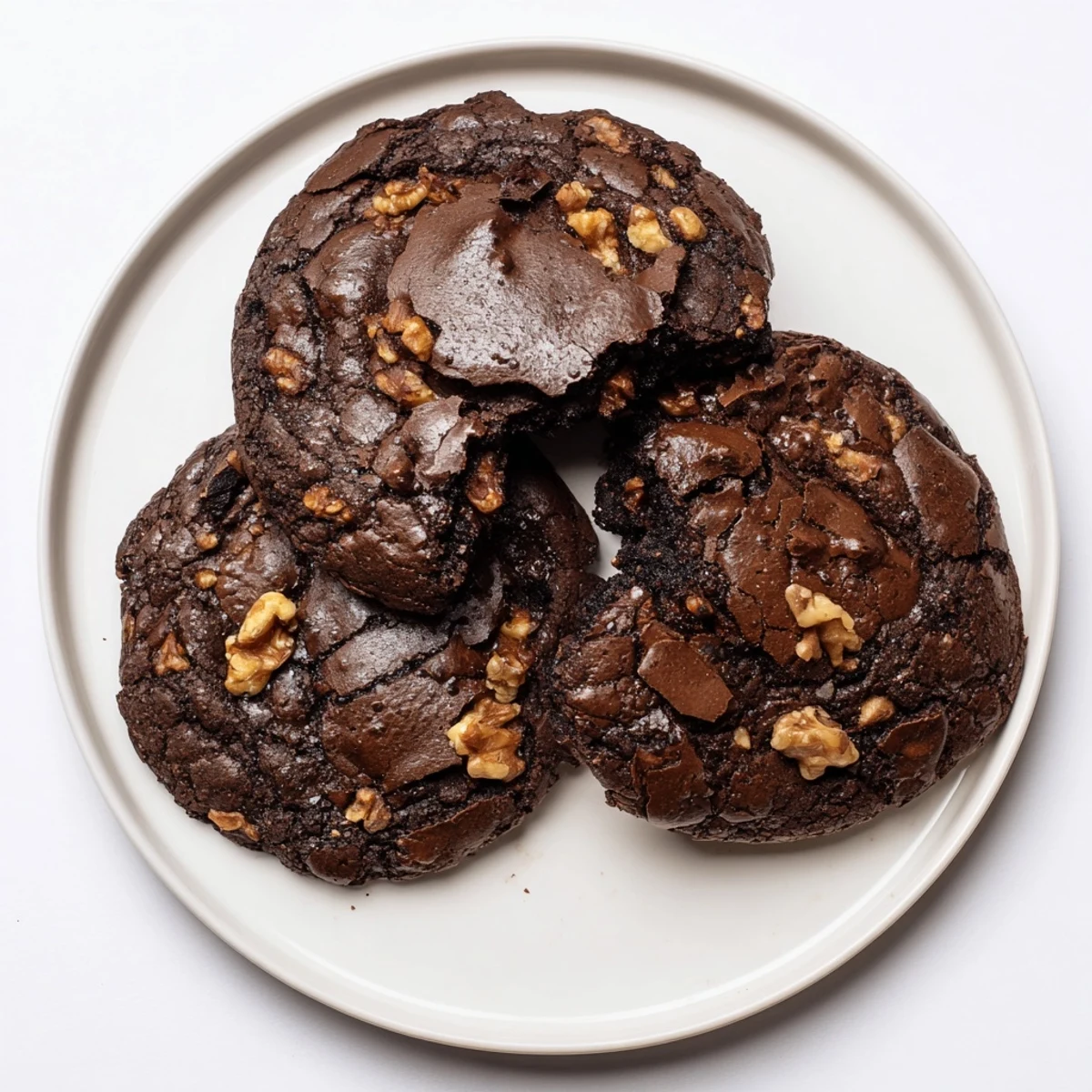 Rich fudgy sourdough brownie cookies displayed on a wooden board with walnuts and a glass of milk