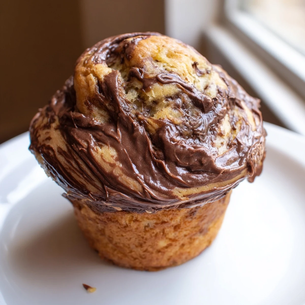 Freshly baked golden Nutella banana swirl muffins with rich chocolate ribbons swirled throughout