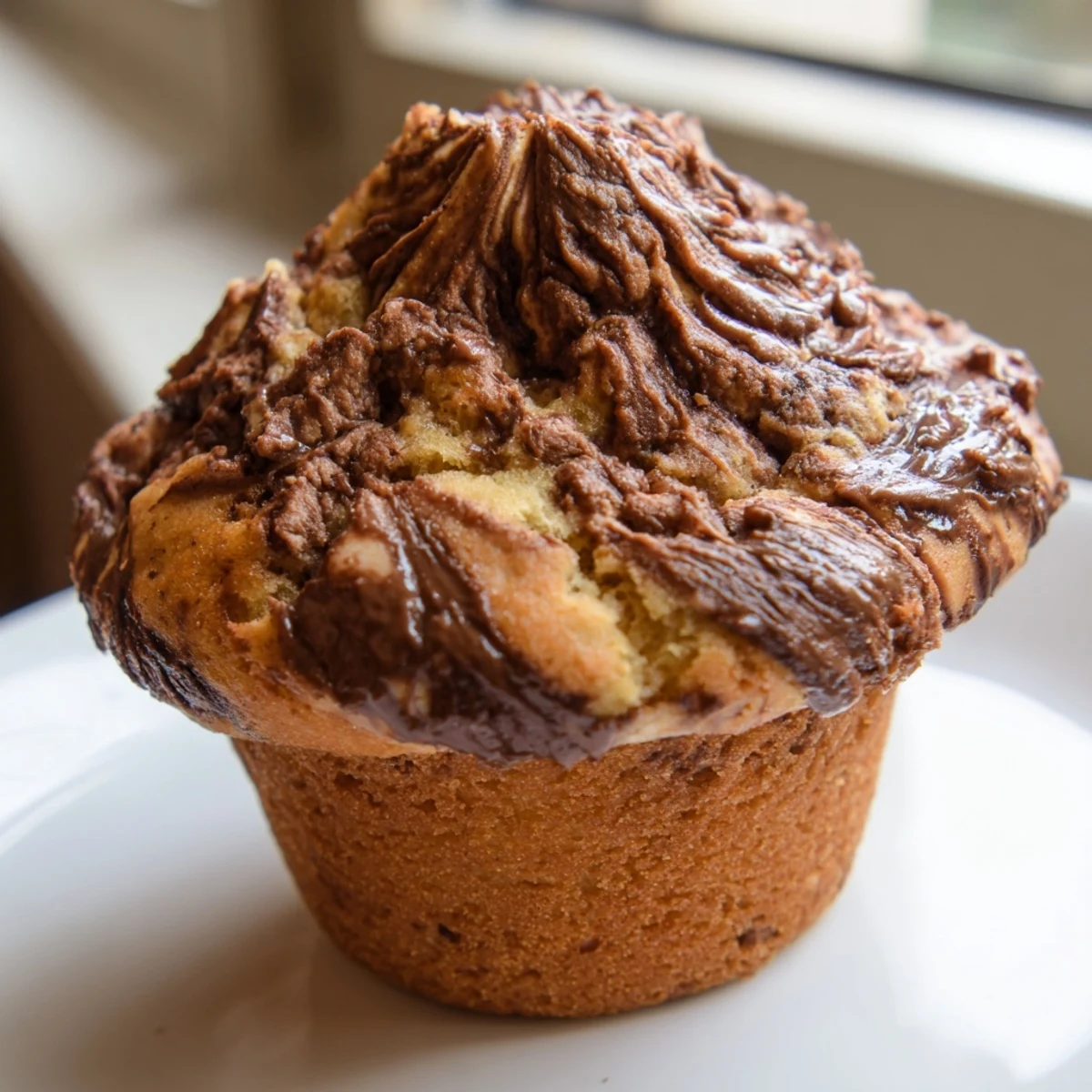 Warm homemade muffins featuring spiraled Nutella patterns rising from fluffy banana batter
