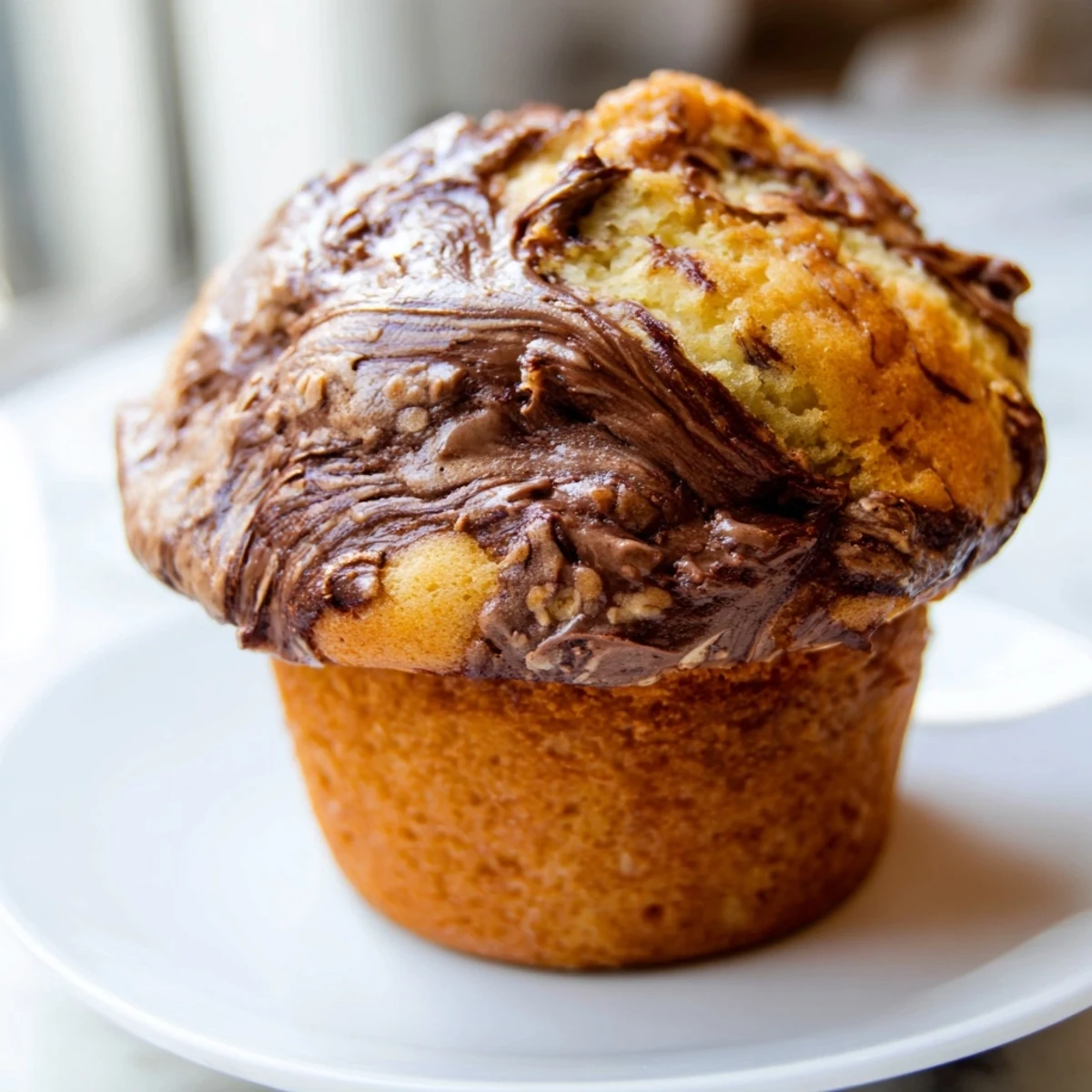 Moist banana muffins topped with melted chocolate-hazelnut swirl garnish on a white plate