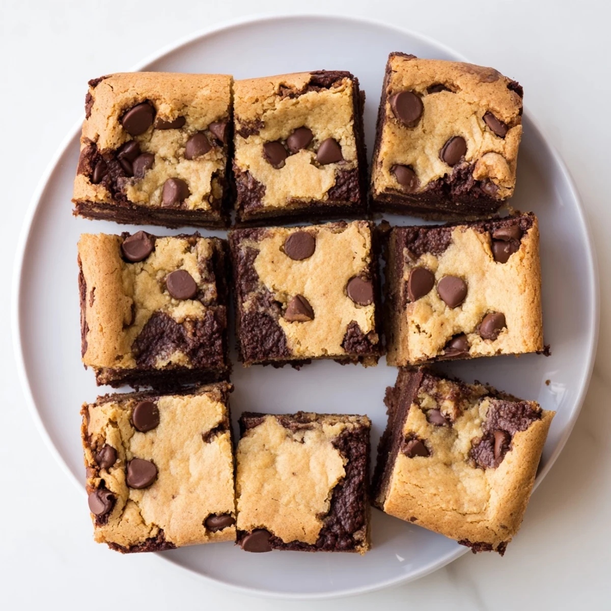 Golden chocolate chip cookie brownie bars stacked on a white serving plate