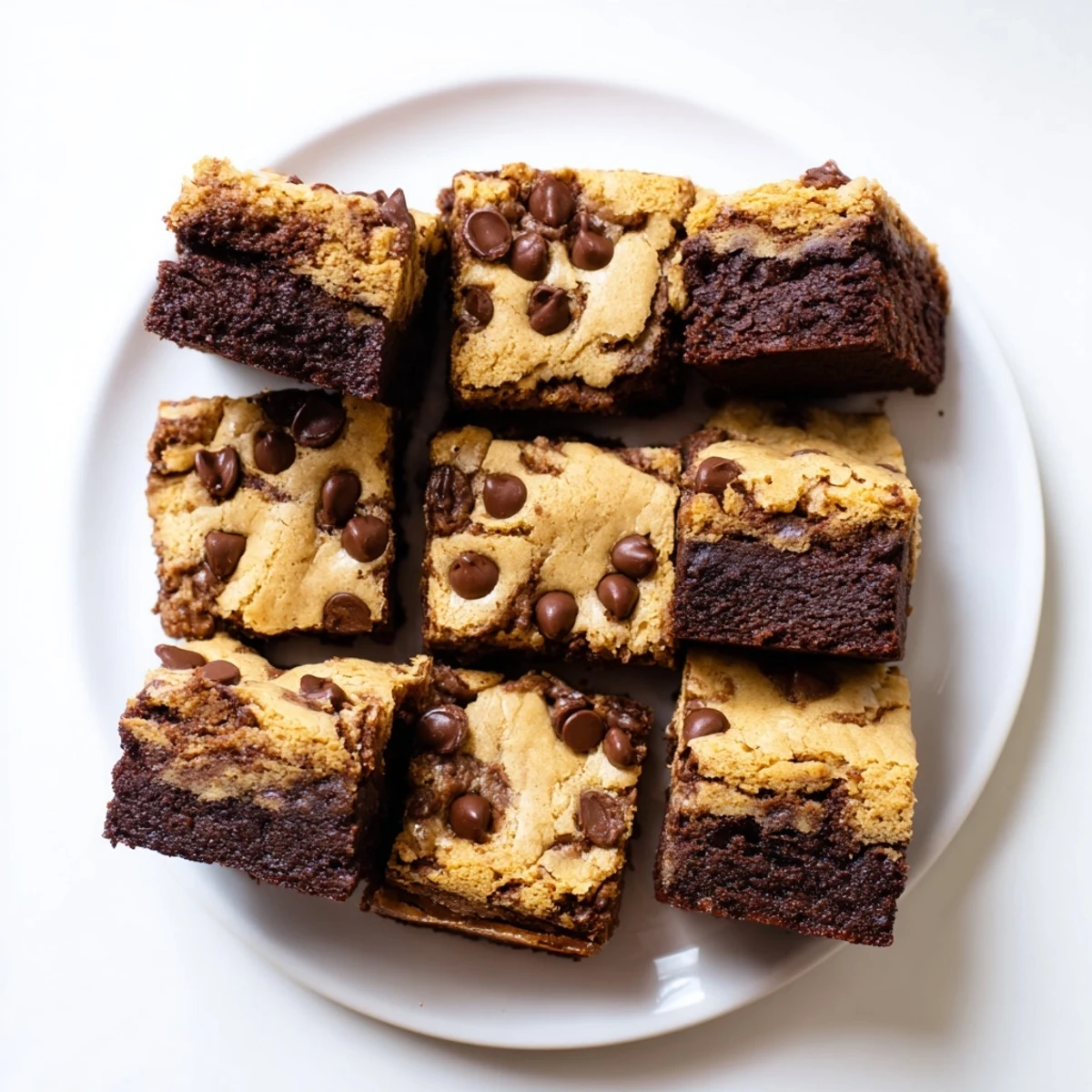 Fudgy chocolate chip cookie brownies sliced into squares showing chocolate chunks