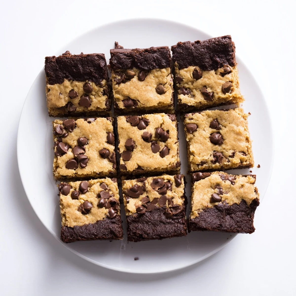 Homemade chocolate chip cookie brownies cooling on a wire rack with melted chips
