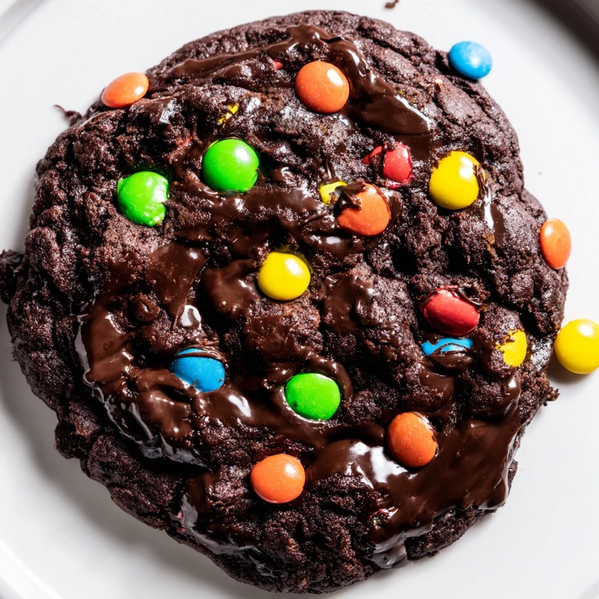 Fudgy cosmic brownie cookies topped with smooth ganache and colorful rainbow candy chips