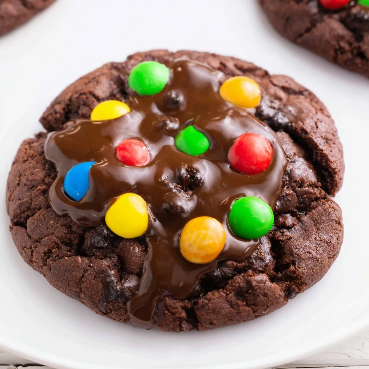 Glossy chocolate glazed cosmic brownie cookies sprinkled with vibrant candy-coated chocolate treats