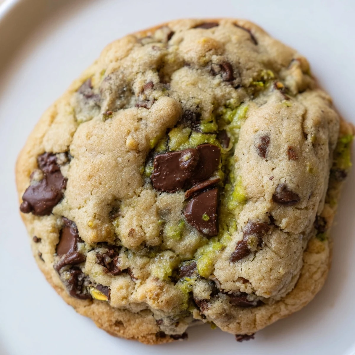 Freshly baked pistachio cream chocolate chip cookies with golden edges and melted chocolate chips on a cooling rack