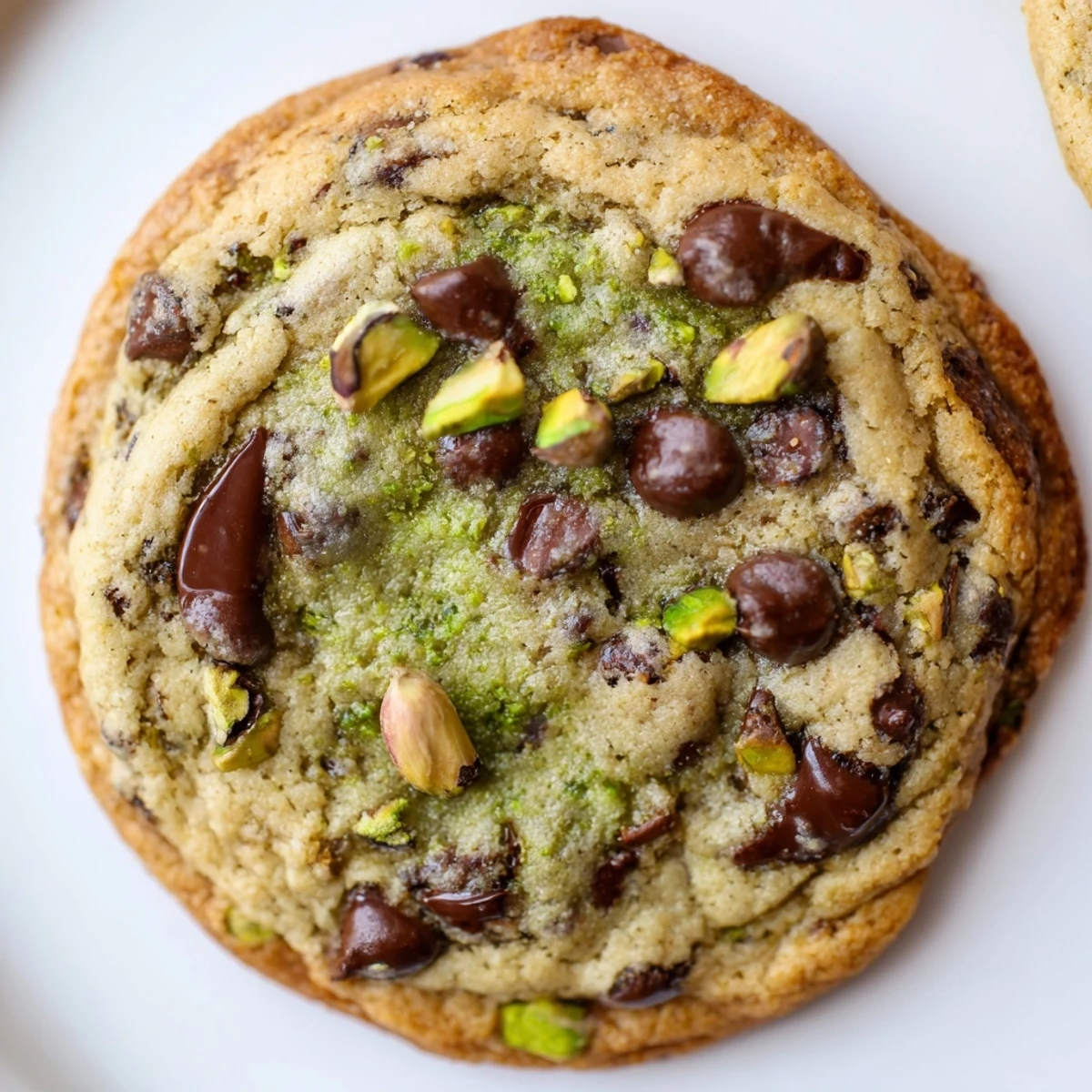 Soft chewy pistachio cream chocolate chip cookies studded with chopped pistachios and rich semi-sweet chocolate chunks