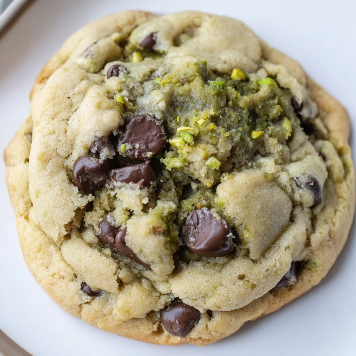 Stack of homemade pistachio cream chocolate chip cookies showing the green cream swirl and chocolate chip pockets