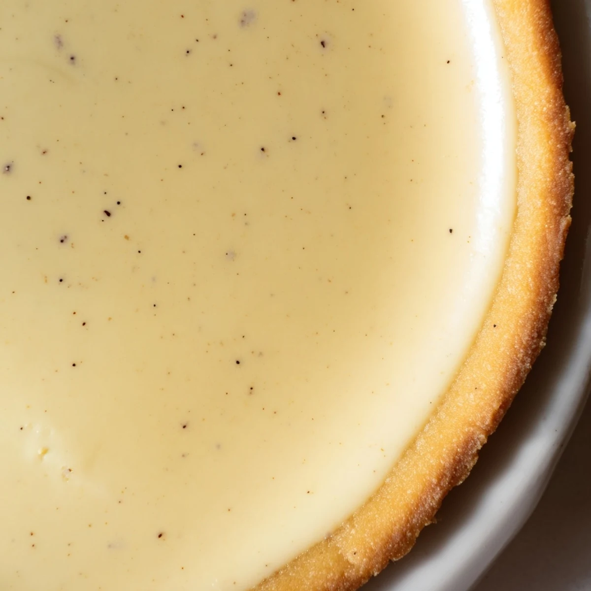 Elegant French-inspired vanilla bean pastry cream tart served on white plate