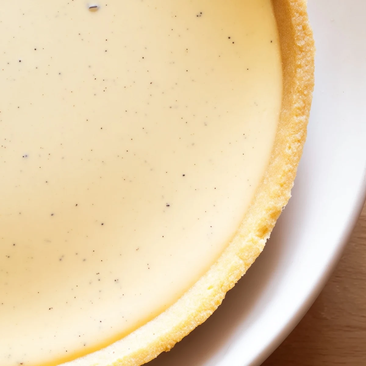 Silky vanilla bean custard tart topped with fresh berries and powdered sugar dusting