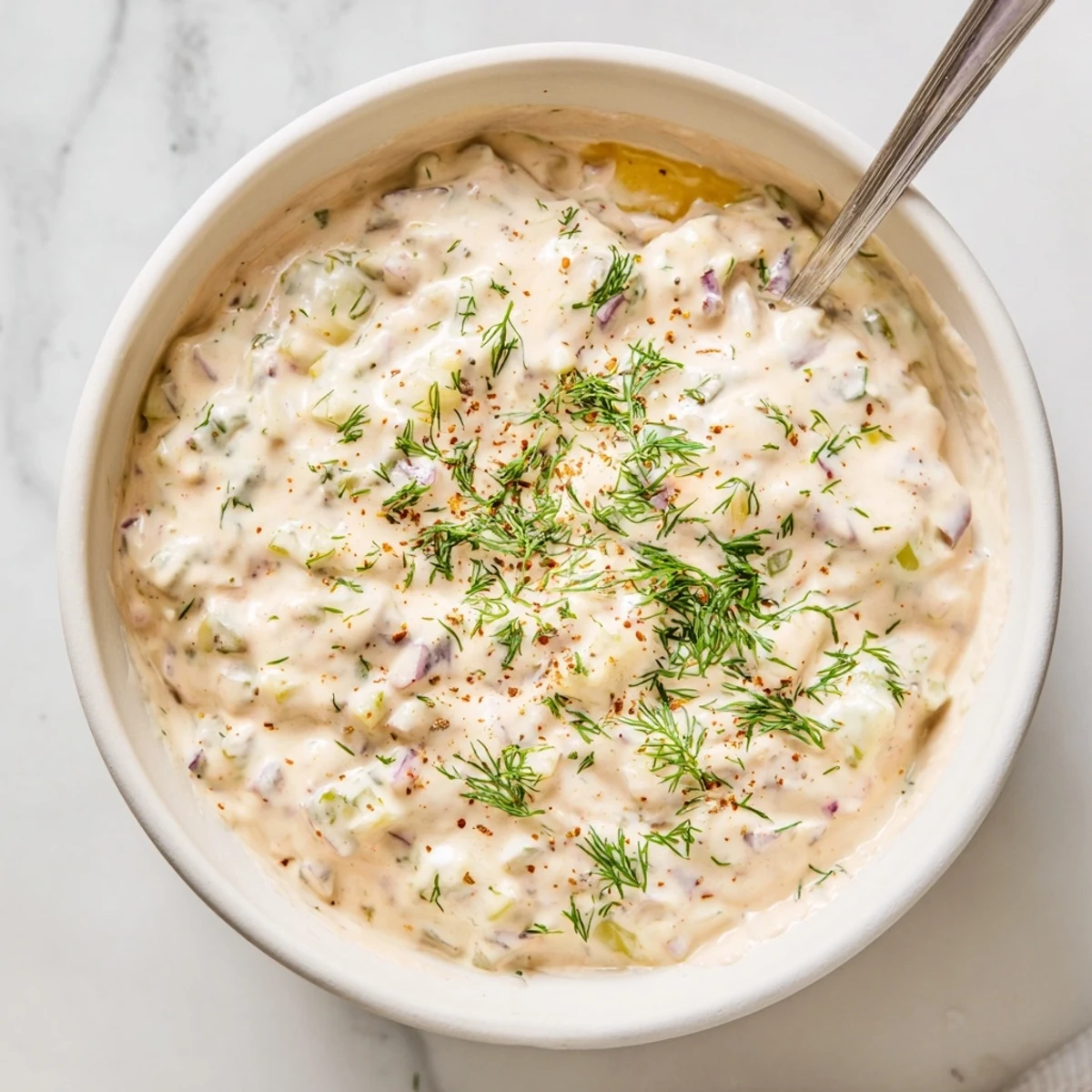 Creamy spicy dill pickle burger sauce in a white ramekin with fresh dill garnish
