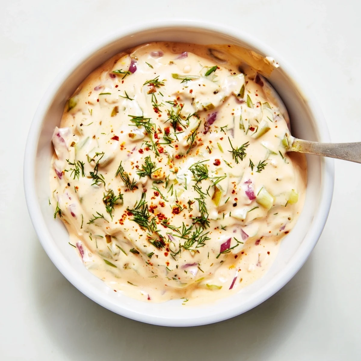 Close-up of spicy dill pickle burger sauce spoon drizzling over a juicy grilled cheeseburger