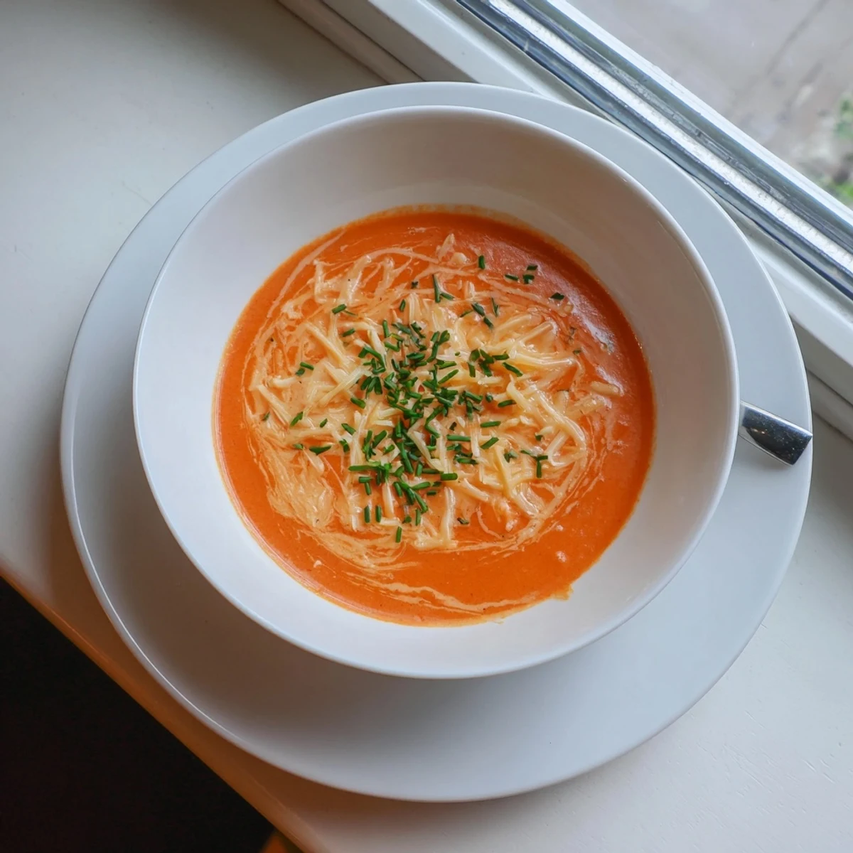 Creamy roasted red pepper Gouda soup garnished with fresh chives in a white bowl