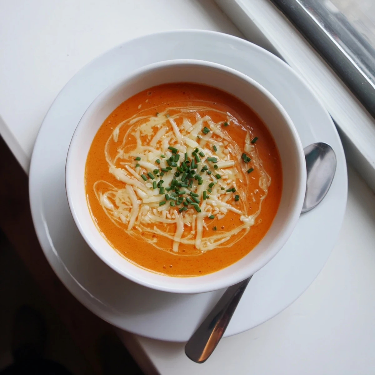 Spoon lifting rich roasted red pepper Gouda soup topped with shredded cheese and parsley